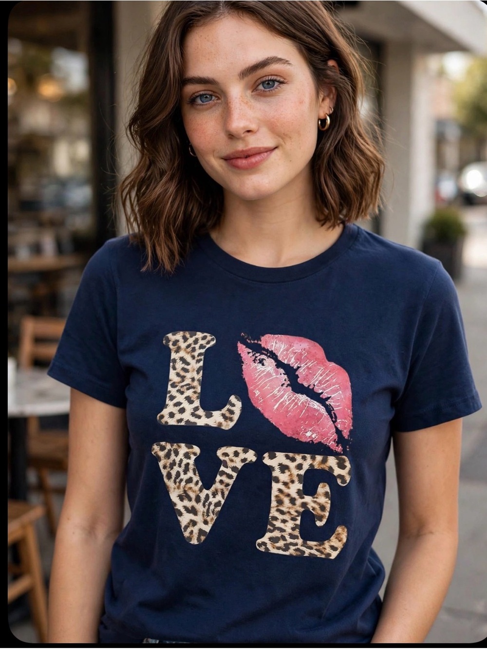 Navy Short-Sleeve LOVE Graphic Tee with Leopard Print & Pink Lip